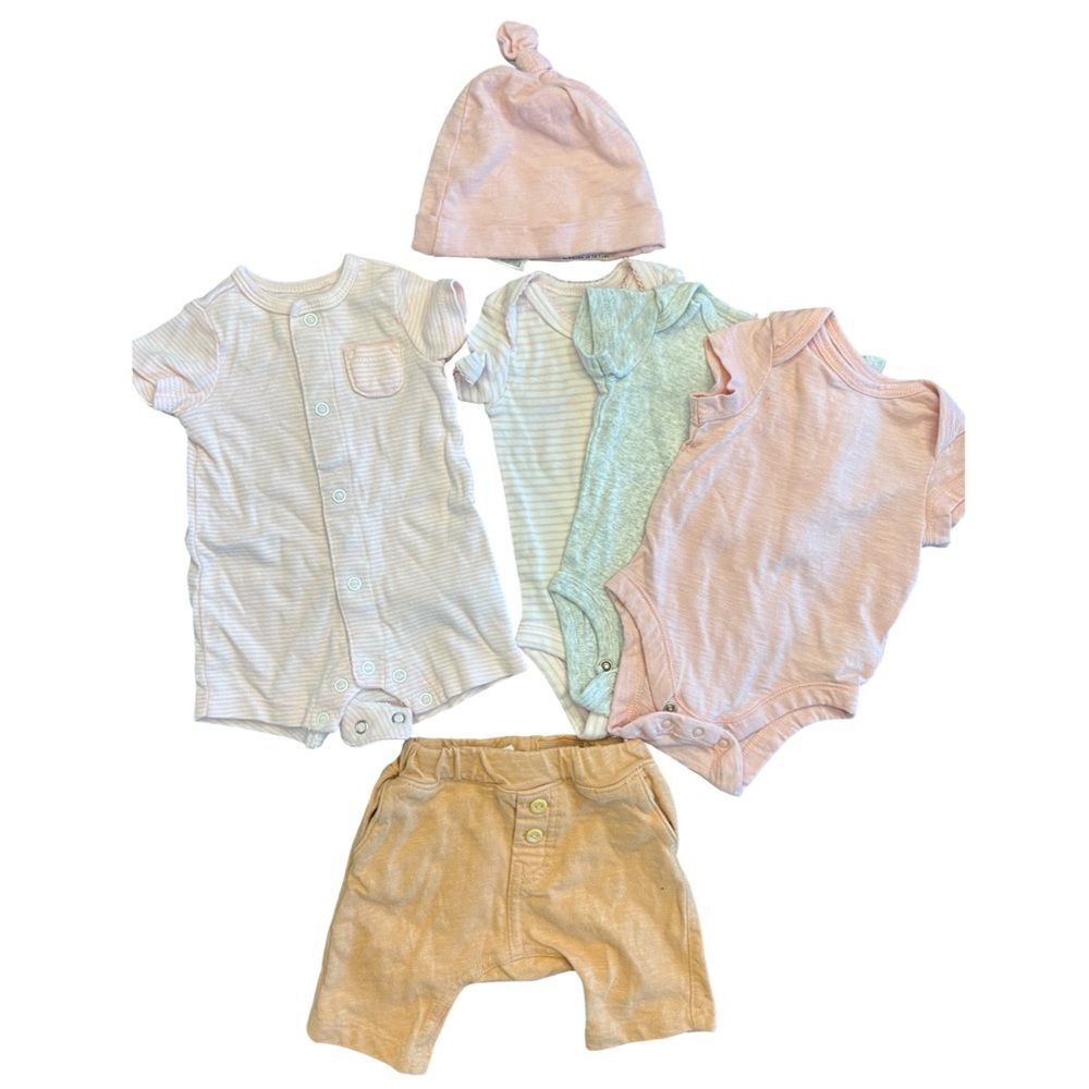 6 Piece Newborn Baby Girl Bundle Lot Organic Cotton Onesies Romper Shorts Hat